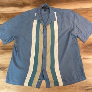 Nat Nast Mens Silk Short Sleeve Button Up Shirt XL Blue Stripe Bowling Vintage